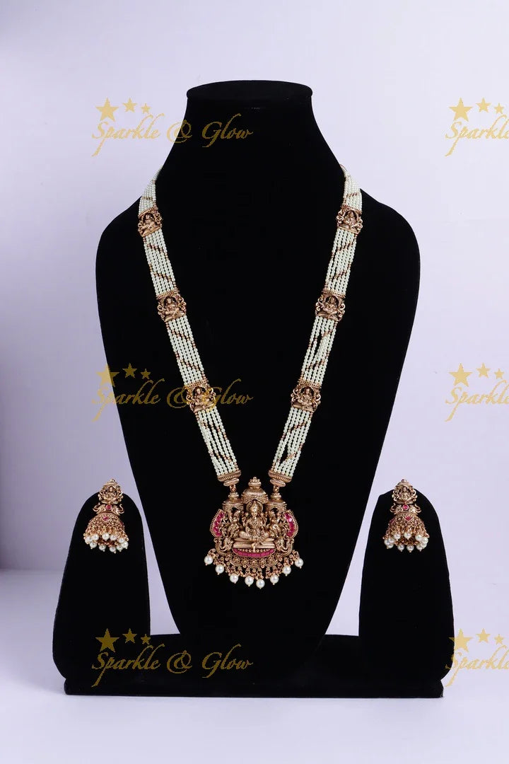 Stunning Idol Lakshmi Elephant pendant carved Jadau pearl layered Haram - Sparkle and Glow