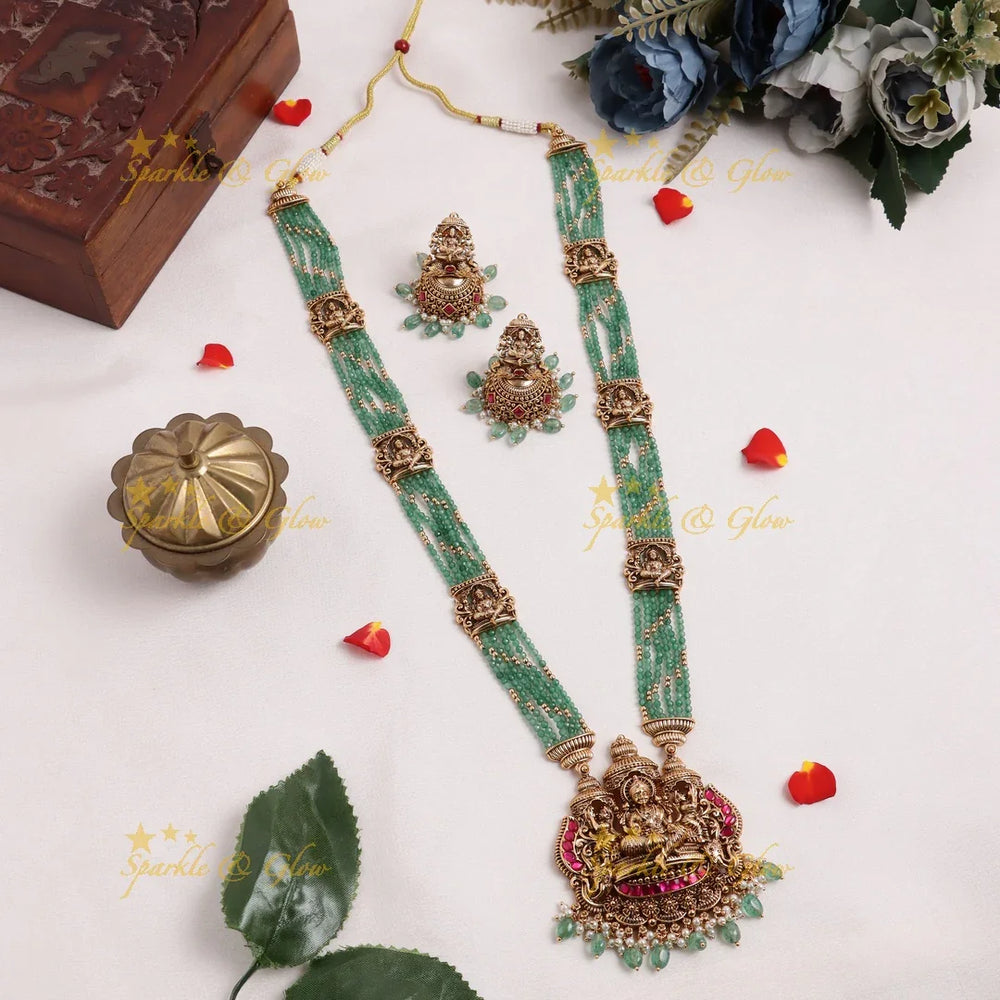 Stunning Idol Lakshmi Elephant pendant carved Jadau pearl layered Haram - Sparkle and Glow