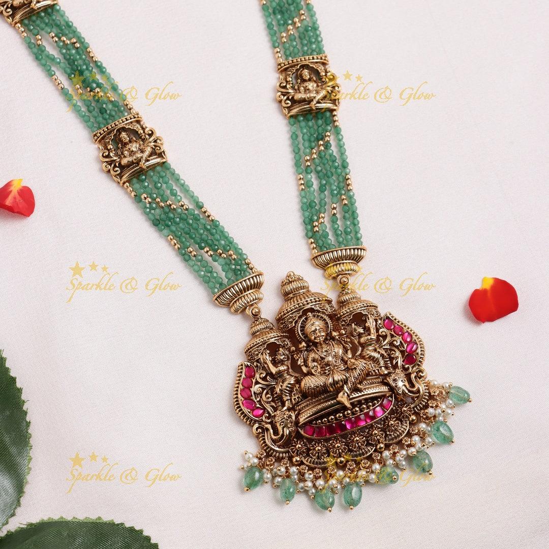 Stunning Idol Lakshmi Elephant pendant carved Jadau pearl layered Haram - Sparkle and Glow