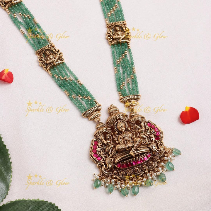 Stunning Idol Lakshmi Elephant pendant carved Jadau pearl layered Haram - Sparkle and Glow