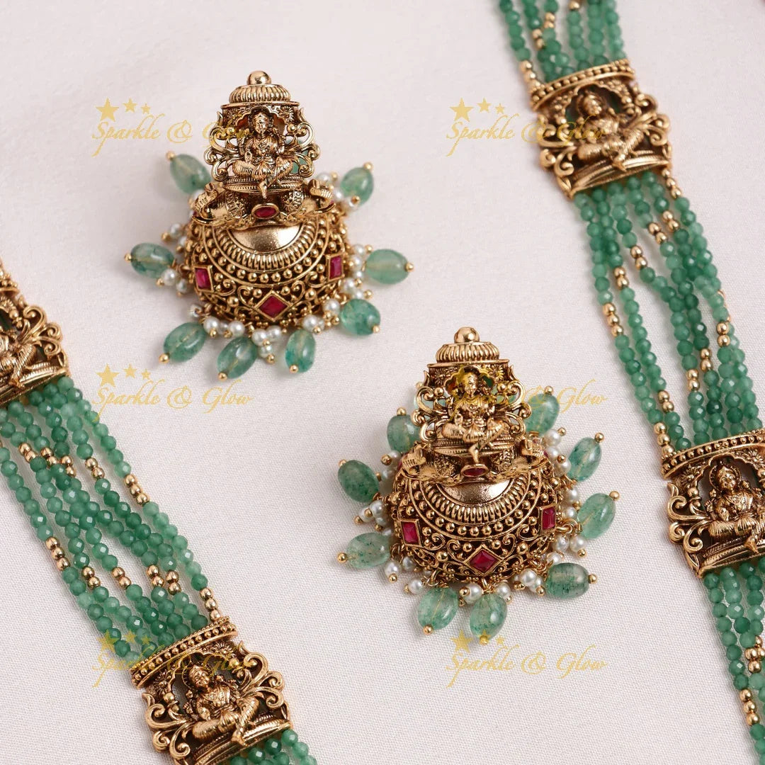 Stunning Idol Lakshmi Elephant pendant carved Jadau pearl layered Haram - Sparkle and Glow