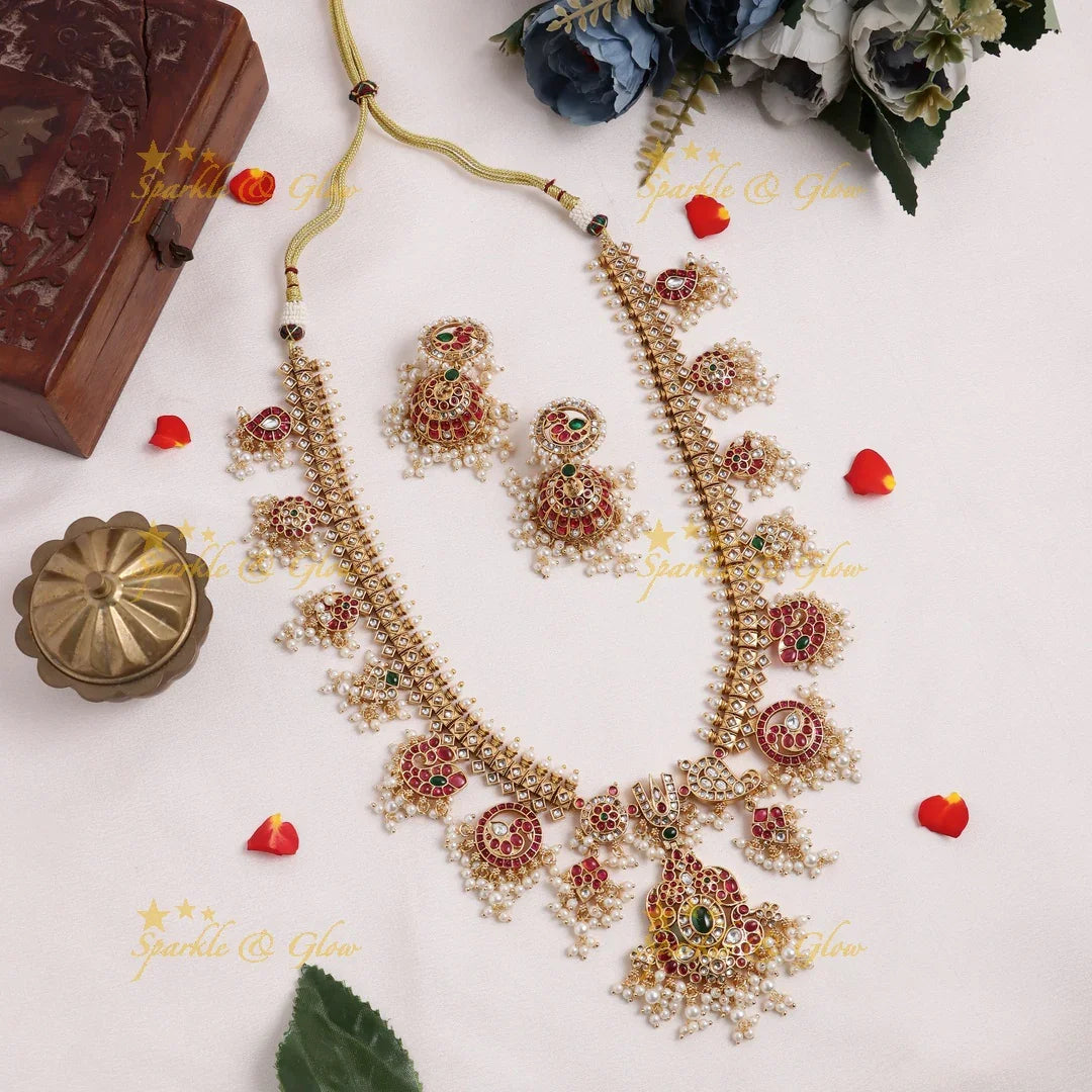 Nita Ambani inspired Stunning Peacock Floral Mango carved rice pearl guttapusalu long necklace - Sparkle and Glow