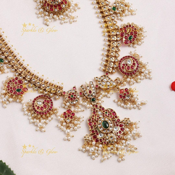 Nita Ambani inspired Stunning Peacock Floral Mango carved rice pearl guttapusalu long necklace - Sparkle and Glow