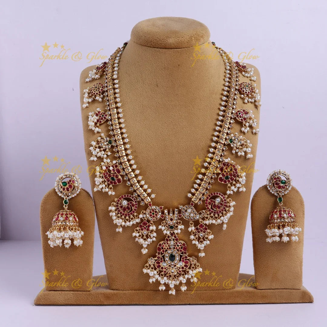 Nita Ambani inspired Stunning Peacock Floral Mango carved rice pearl guttapusalu long necklace - Sparkle and Glow