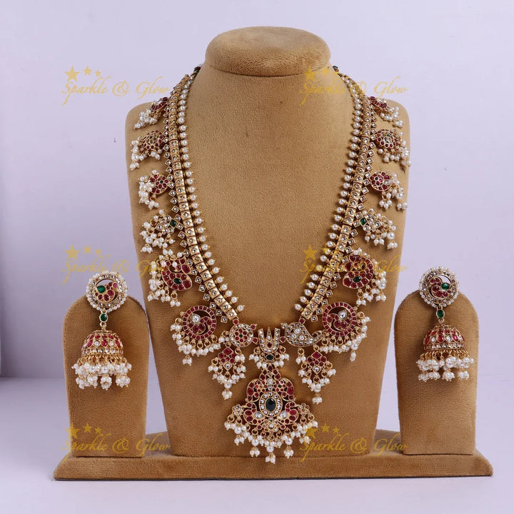 Nita Ambani inspired Stunning Peacock Floral Mango carved rice pearl guttapusalu long necklace - Sparkle and Glow