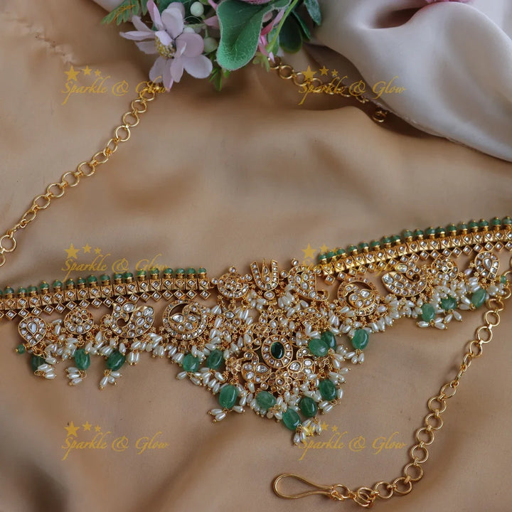 Stunning Kemp Kundan Pearl Hip Chain with Green Beads Guttapusalu - Sparkle and Glow