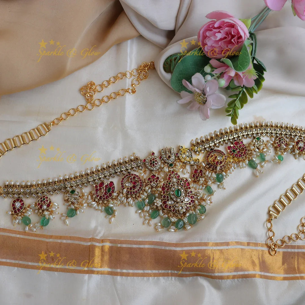 Stunning Kemp Kundan Pearl Hip Chain with Green Beads Guttapusalu - Sparkle and Glow