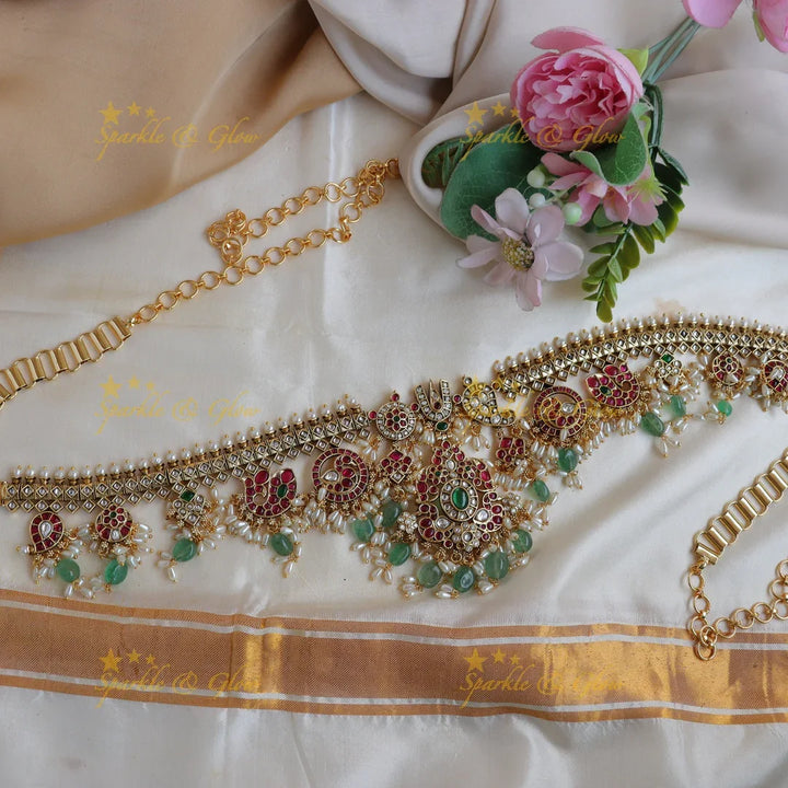 Stunning Kemp Kundan Pearl Hip Chain with Green Beads Guttapusalu - Sparkle and Glow