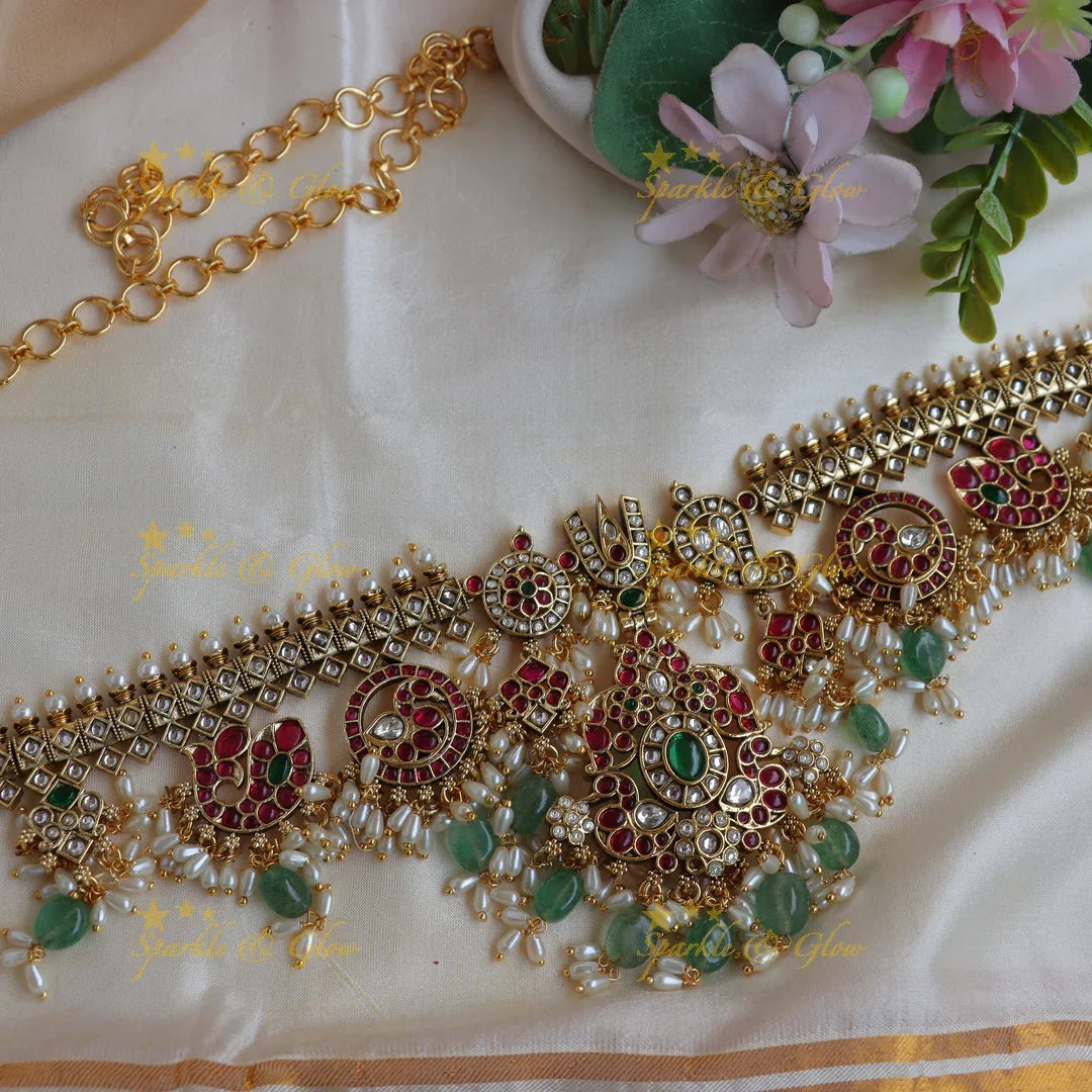 Stunning Kemp Kundan Pearl Hip Chain with Green Beads Guttapusalu - Sparkle and Glow