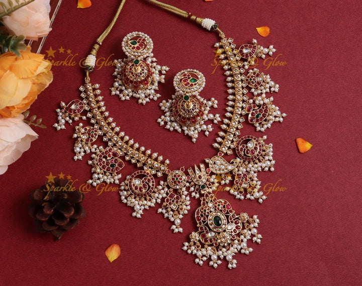 Nita Ambani inspired Stunning Peacock Floral Mango carved rice pearl guttapusalu short necklace - Sparkle and Glow