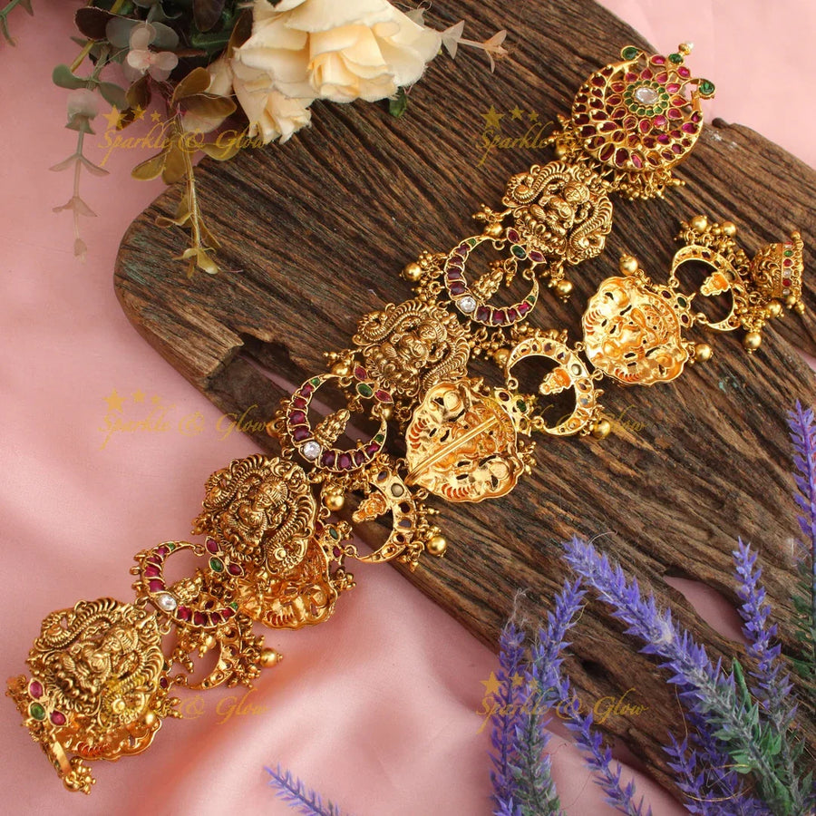 Antique gold alike Lakshmi & Yaali Temple Jadabilla with Kemp Stones - Sparkle and Glow