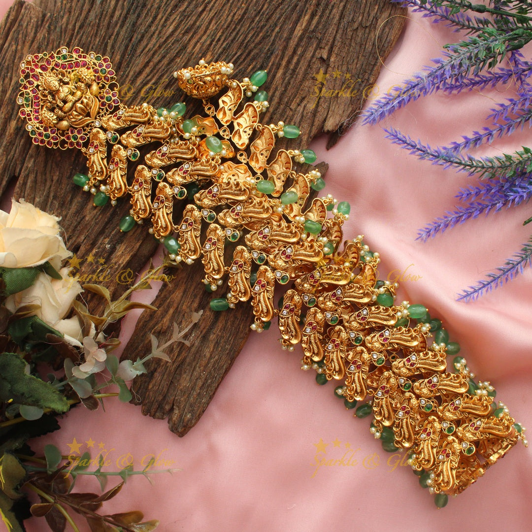 Grand Idol Lakshmi Peacock carved Kemp bridal Jadabilla with green beads