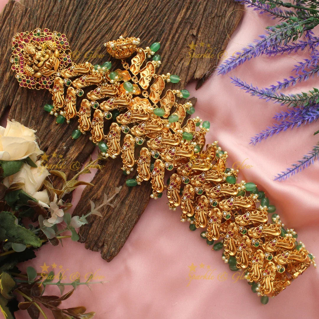 Grand Idol Lakshmi Peacock carved Kemp bridal Jadabilla with green beads - Sparkle and Glow