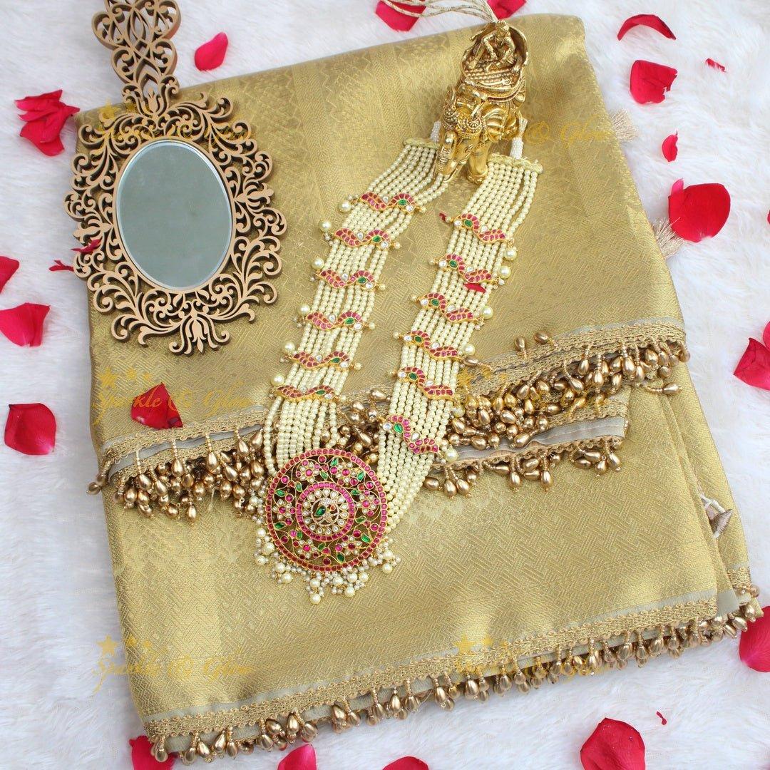 Antique Banarasi golden Tissue Soft Silk Saree with Subtle Self-Weave & Beaded Lace Border - Sparkle and Glow