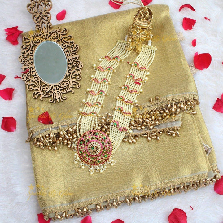 Antique Banarasi golden Tissue Soft Silk Saree with Subtle Self-Weave & Beaded Lace Border - Sparkle and Glow