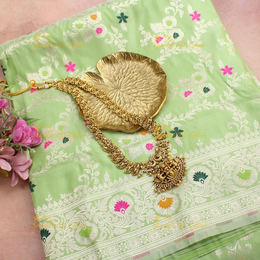 Pistachio Green Banarasi Silk Saree with Multicolor Floral Zari Weave - Sparkle and Glow