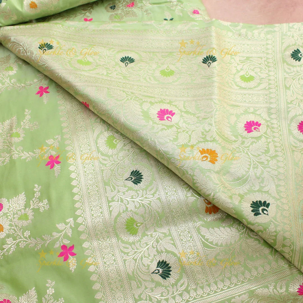 Pistachio Green Banarasi Silk Saree with Multicolor Floral Zari Weave - Sparkle and Glow