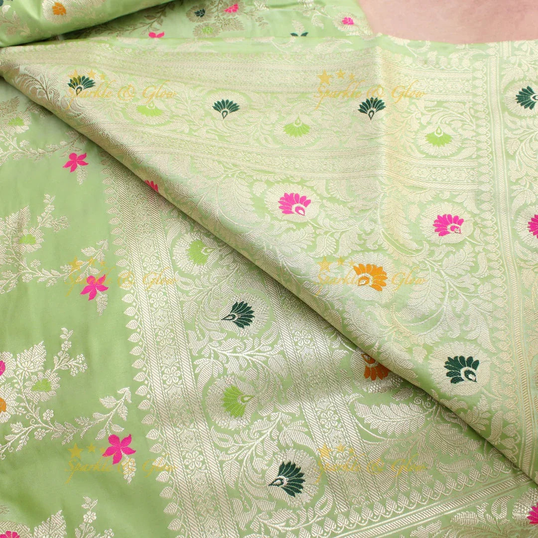 Pistachio Green Banarasi Silk Saree with Multicolor Floral Zari Weave - Sparkle and Glow
