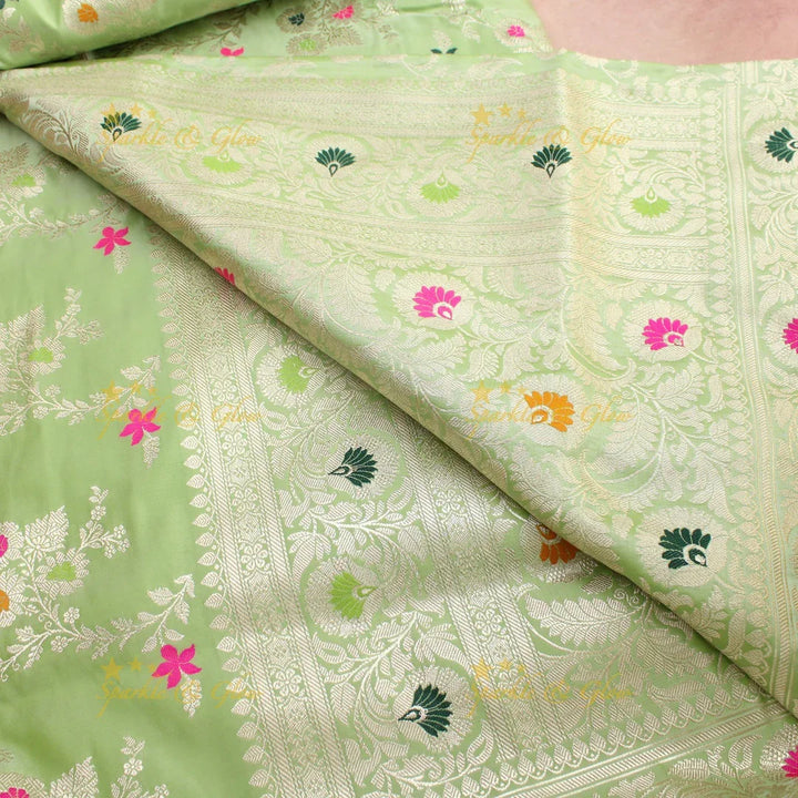 Pistachio Green Banarasi Silk Saree with Multicolor Floral Zari Weave - Sparkle and Glow