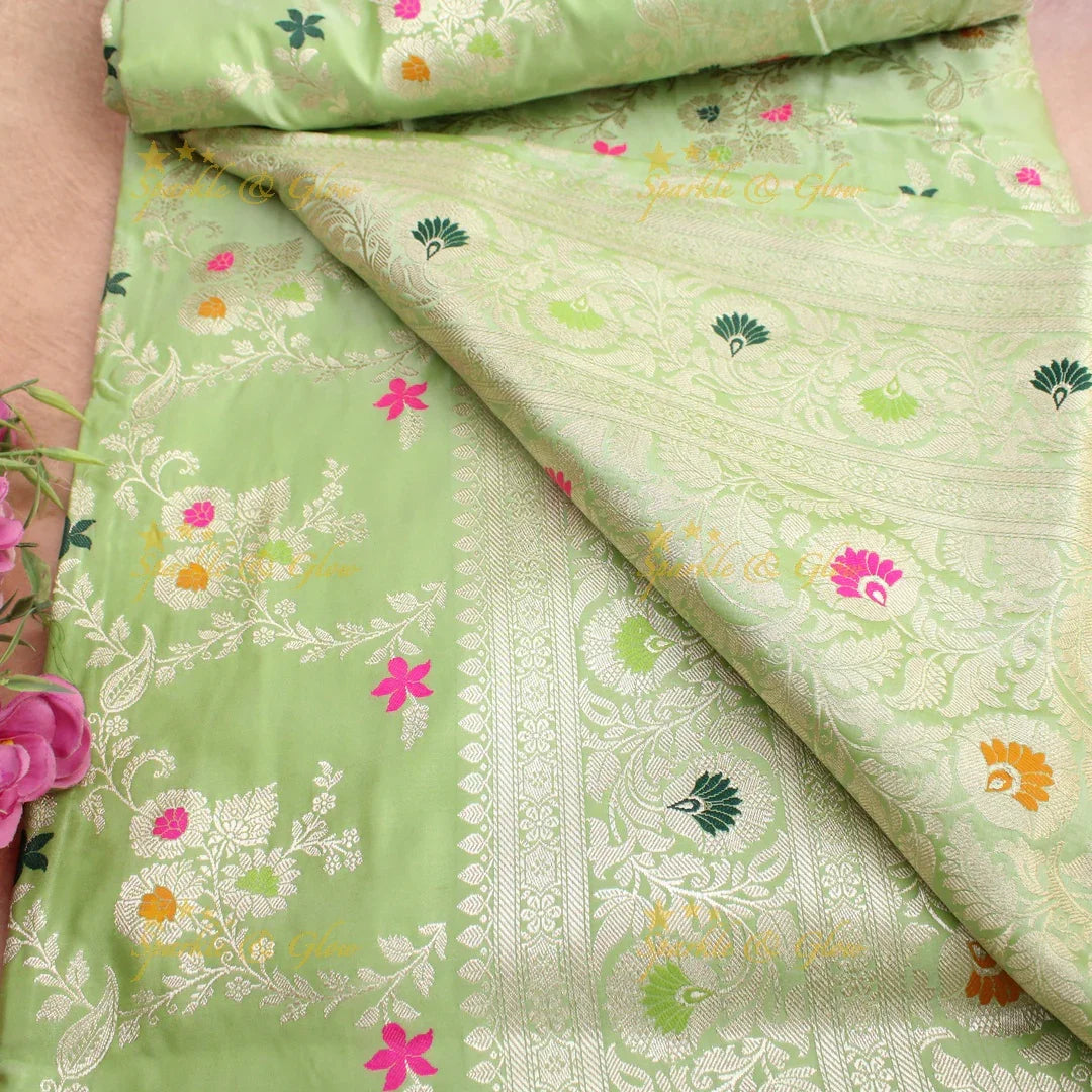 Pistachio Green Banarasi Silk Saree with Multicolor Floral Zari Weave - Sparkle and Glow
