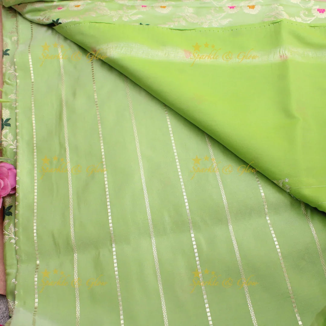 Pistachio Green Banarasi Silk Saree with Multicolor Floral Zari Weave - Sparkle and Glow