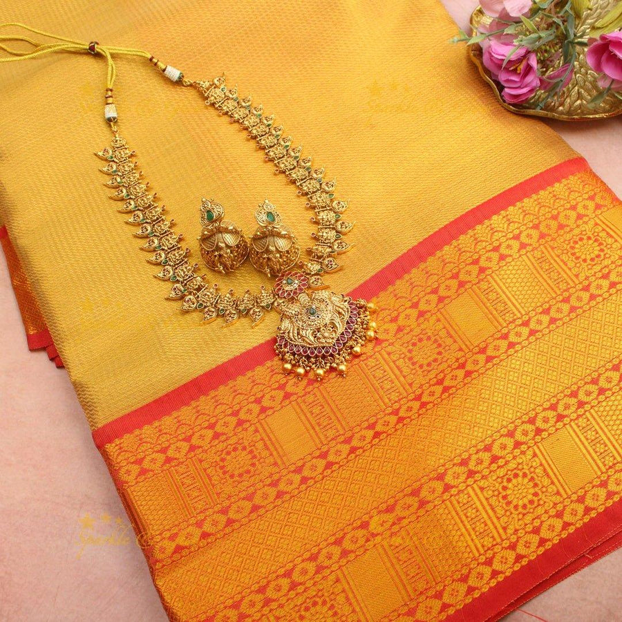 Mustard Yellow Kanjivaram Silk Saree with Red Zari Border & Temple Motifs - Sparkle and Glow