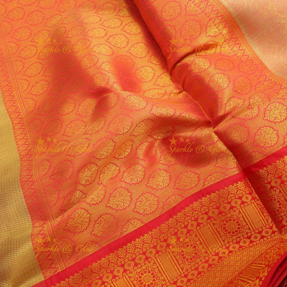 Mustard Yellow Kanjivaram Silk Saree with Red Zari Border & Temple Motifs - Sparkle and Glow