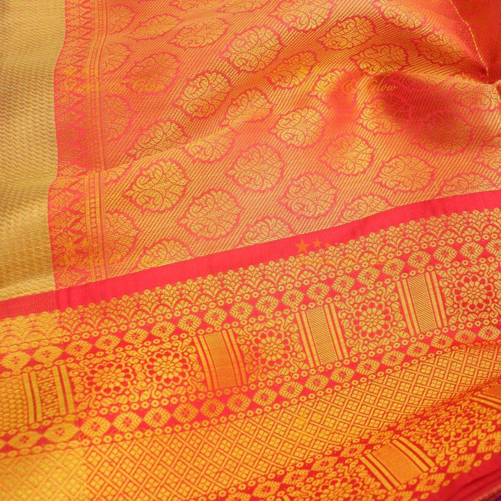 Mustard Yellow Kanjivaram Silk Saree with Red Zari Border & Temple Motifs - Sparkle and Glow