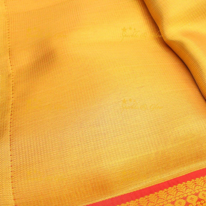 Mustard Yellow Kanjivaram Silk Saree with Red Zari Border & Temple Motifs - Sparkle and Glow