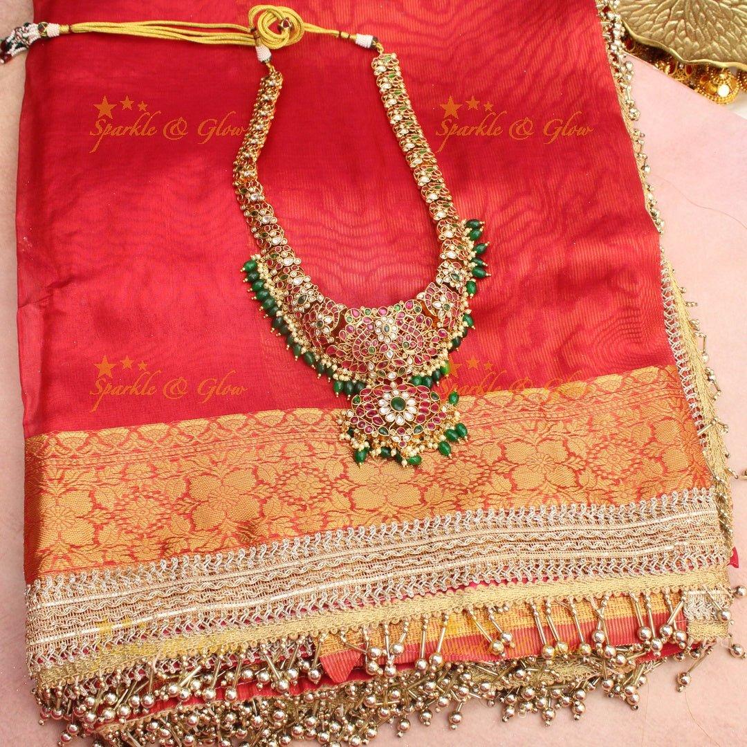 Traditional Red Banarasi Tissue Soft Silk Saree with Rich Golden Zari Border & Beaded Tassels - Sparkle and Glow