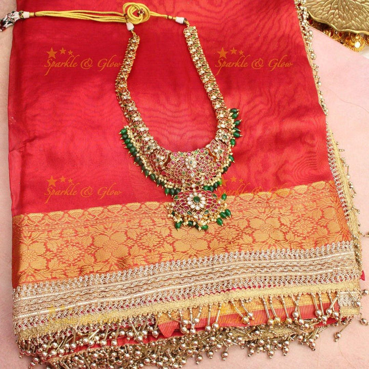 Traditional Red Banarasi Tissue Soft Silk Saree with Rich Golden Zari Border & Beaded Tassels - Sparkle and Glow