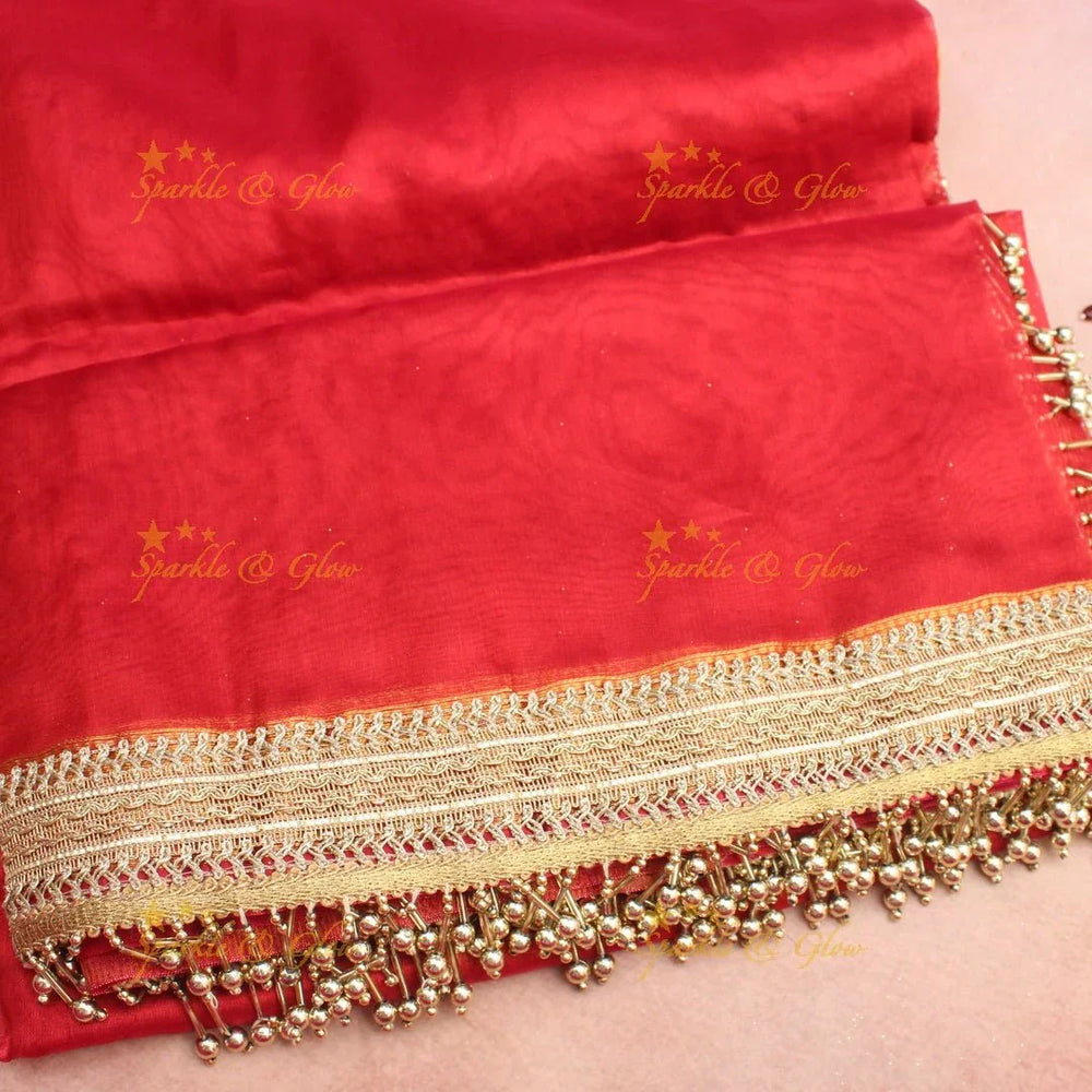 Traditional Red Banarasi Tissue Soft Silk Saree with Rich Golden Zari Border & Beaded Tassels - Sparkle and Glow