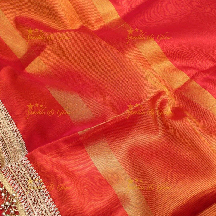 Traditional Red Banarasi Tissue Soft Silk Saree with Rich Golden Zari Border & Beaded Tassels - Sparkle and Glow