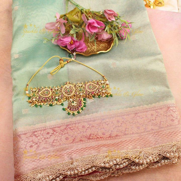 Pastel Green banarasi Katan Soft Silk Saree with Pink Zari Floral Border & Pearl Lace Finish - Sparkle and Glow