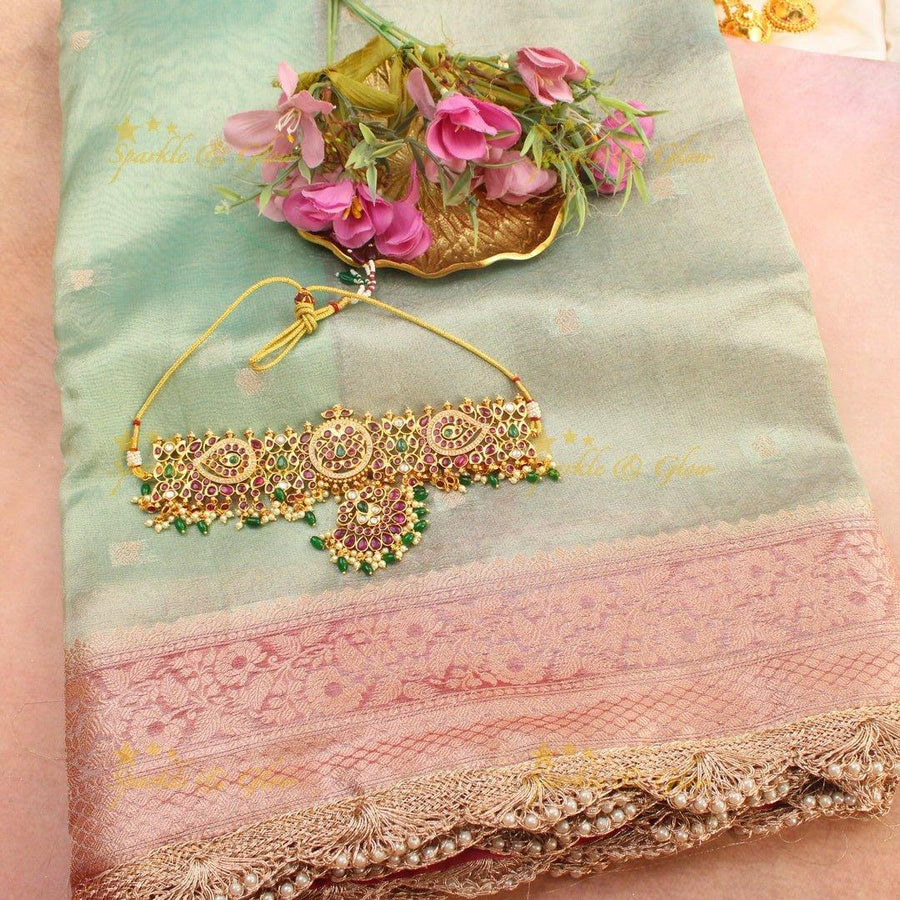 Pastel Green banarasi Katan Soft Silk Saree with Pink Zari Floral Border & Pearl Lace Finish - Sparkle and Glow
