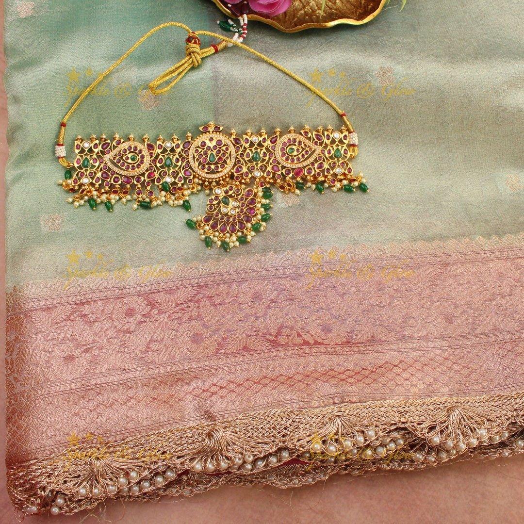 Pastel Green banarasi Katan Soft Silk Saree with Pink Zari Floral Border & Pearl Lace Finish - Sparkle and Glow