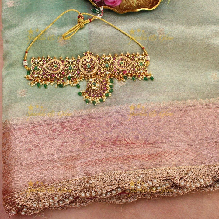 Pastel Green banarasi Katan Soft Silk Saree with Pink Zari Floral Border & Pearl Lace Finish - Sparkle and Glow