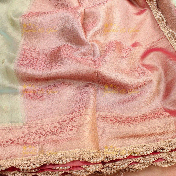 Pastel Green banarasi Katan Soft Silk Saree with Pink Zari Floral Border & Pearl Lace Finish - Sparkle and Glow