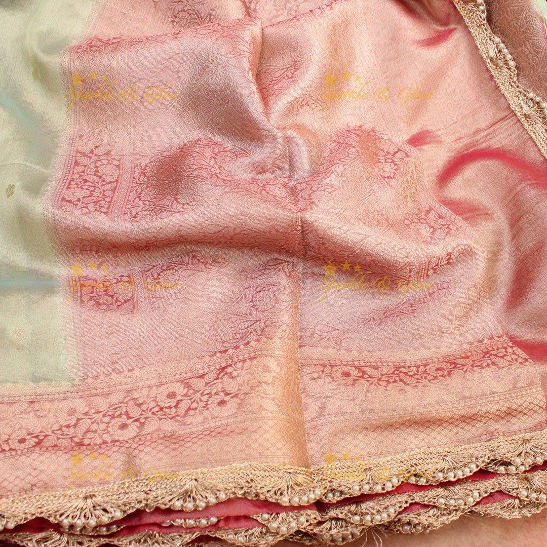 Pastel Green banarasi Katan Soft Silk Saree with Pink Zari Floral Border & Pearl Lace Finish - Sparkle and Glow