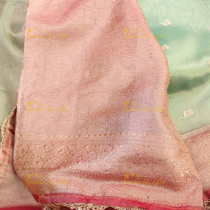 Pastel Green banarasi Katan Soft Silk Saree with Pink Zari Floral Border & Pearl Lace Finish - Sparkle and Glow