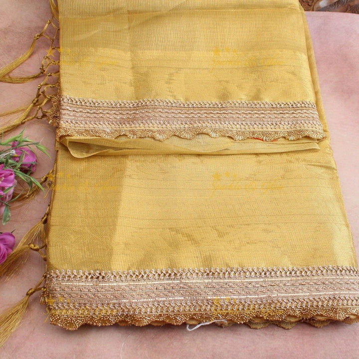 Mustard Banarasi Golden Soft Silk Saree with Subtle Texture & Elegant Embroidered Lace Border - Sparkle and Glow