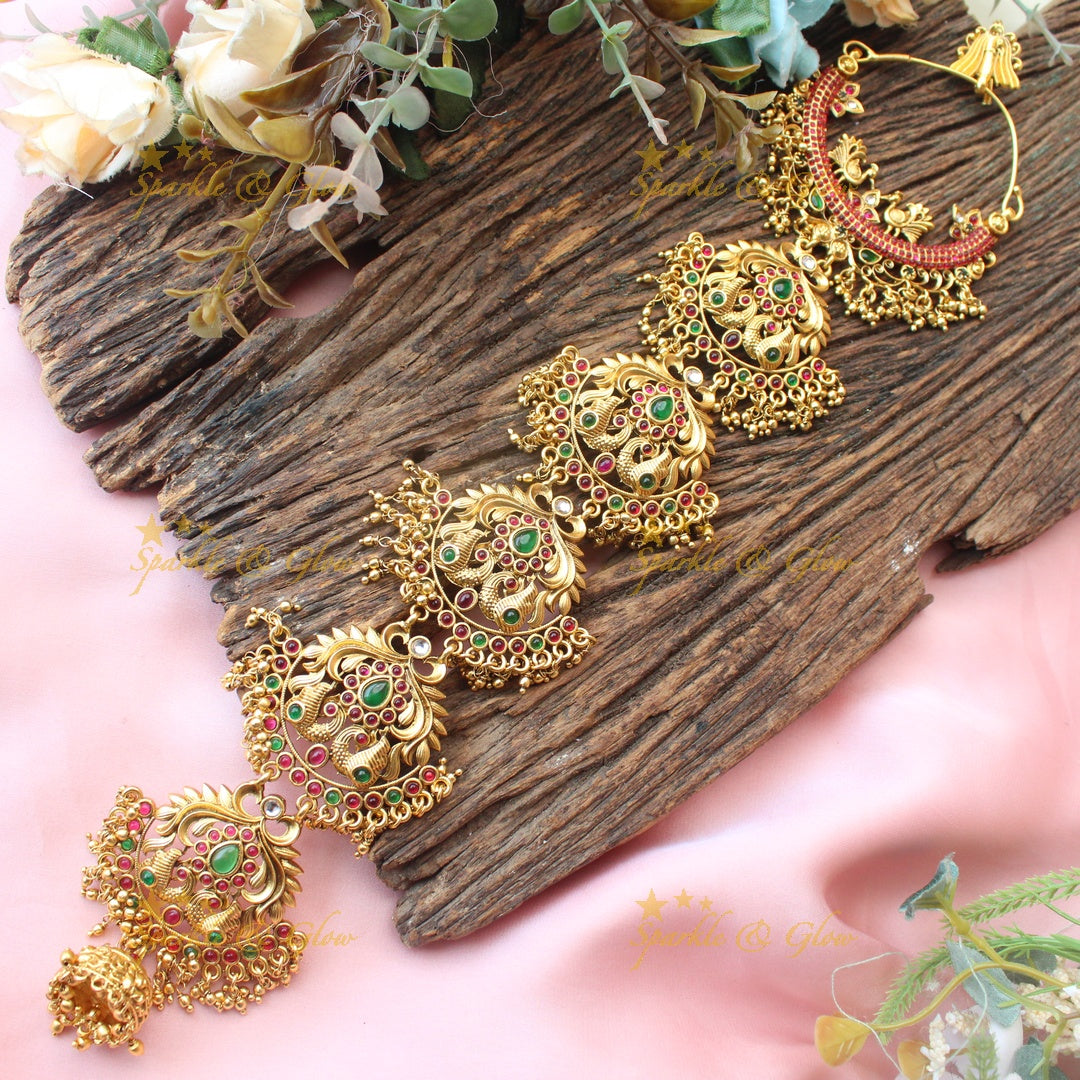 Grand Antique gold alike Dual tone Peacock Floral Chand Bali Jadabilla with Kemp stones