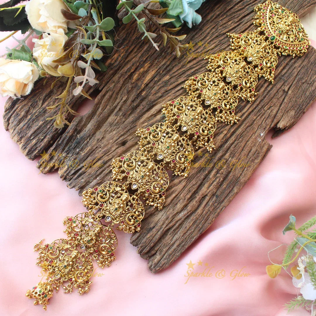 Antique Gold alike Lakshmi Peacock carved Jadabilla with Kemp stones and Pearl Detailing - Sparkle and Glow