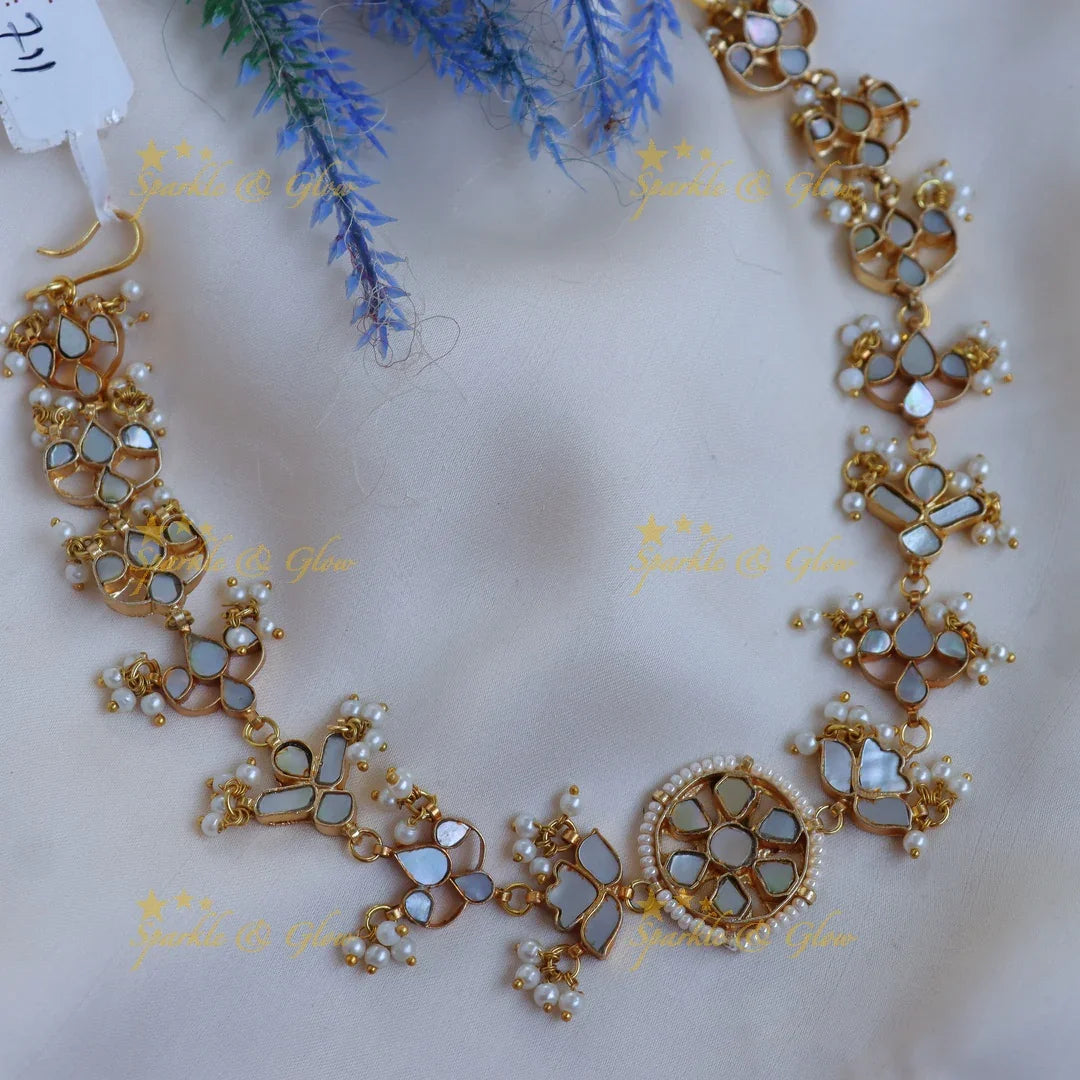 Stunning Jadau White Mirror Sheeshphool with Floral Motifs & Pearl Drops - Sparkle and Glow