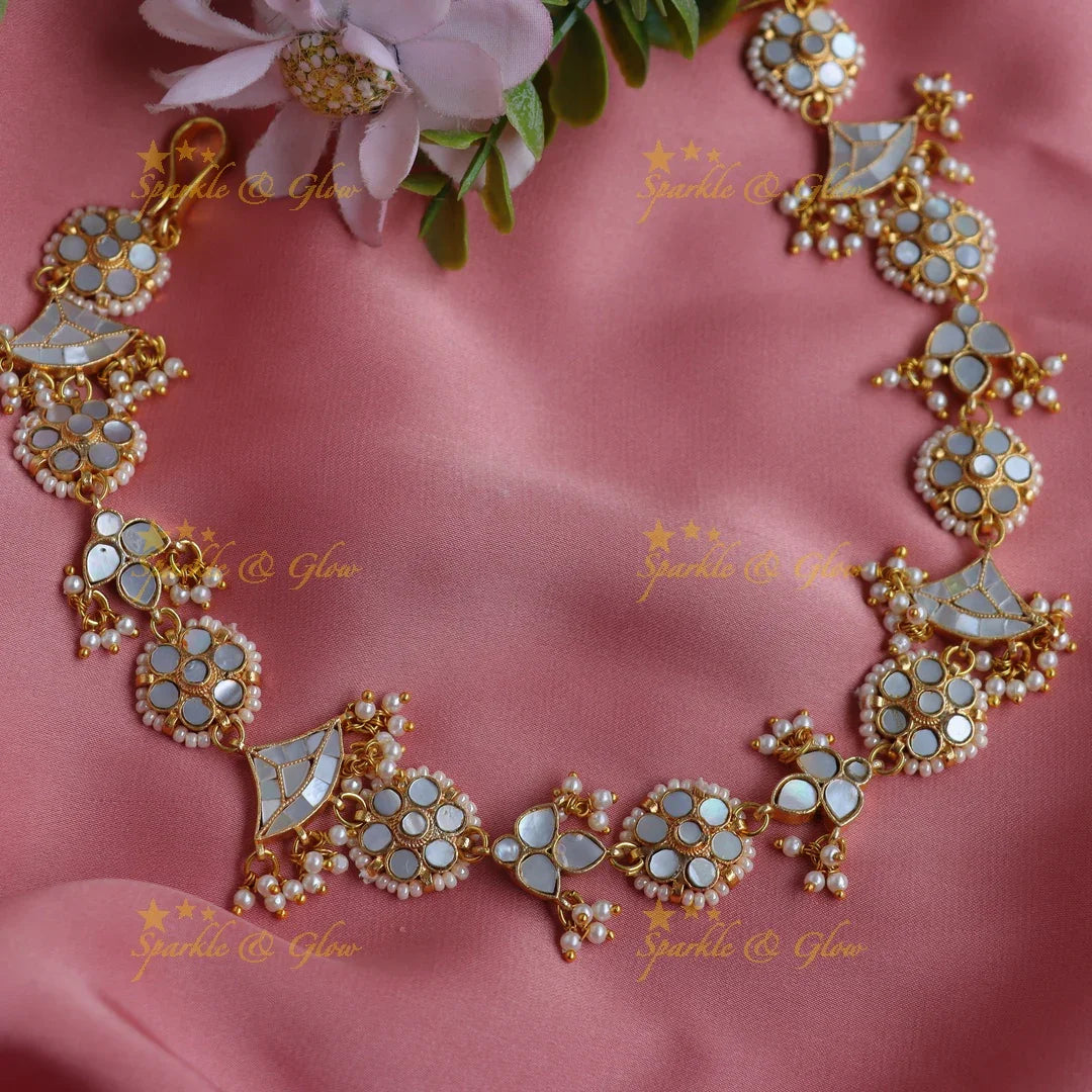 Stunning Jadau White Mirror Sheeshphool with Fan Motifs & Pearl Detailing - Sparkle and Glow