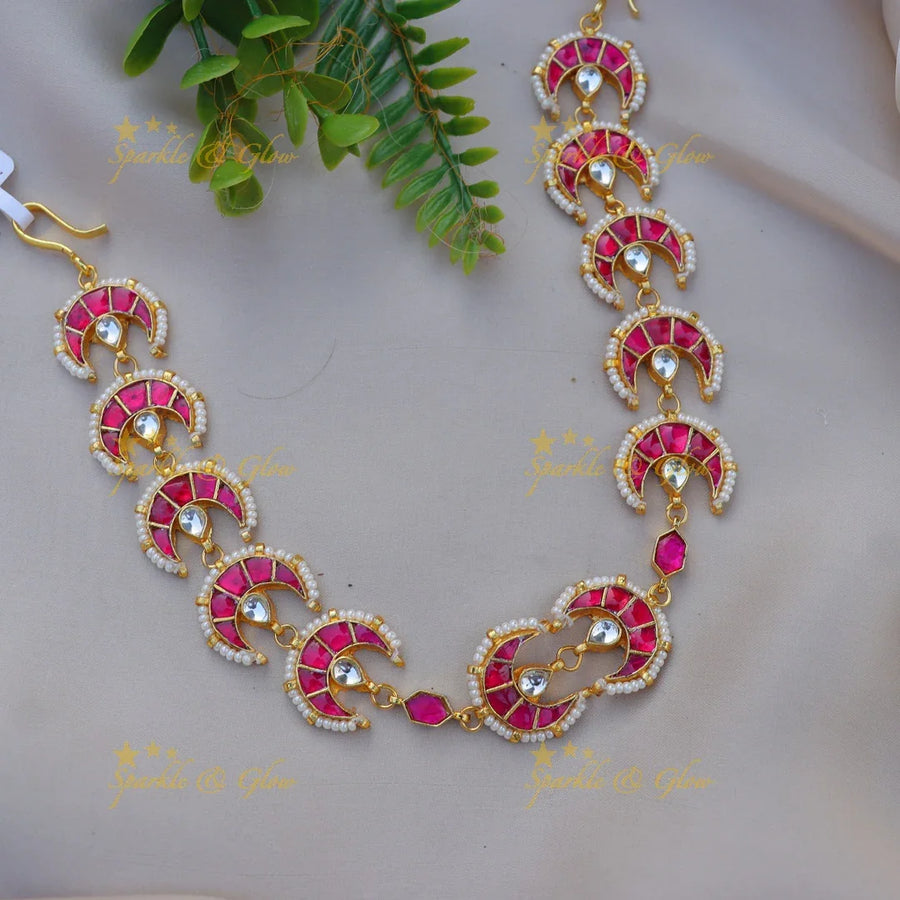 Elegant Crescent Sheeshphool with Pink Meenakari and Kundan Detailing - Sparkle and Glow