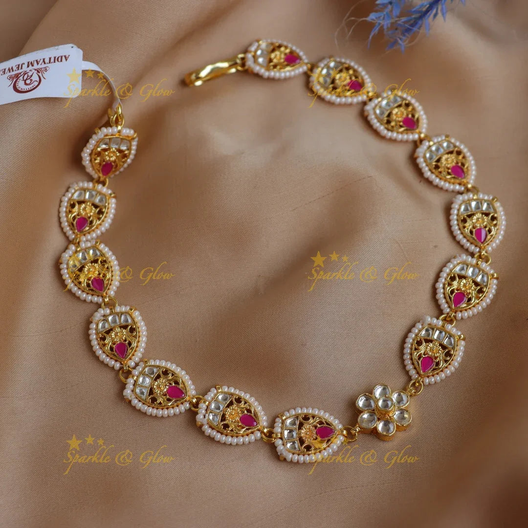 Sparkling Jadau Teardrop Kundan & Pink Meenakari Sheeshphool with Pearl Edging - Sparkle and Glow