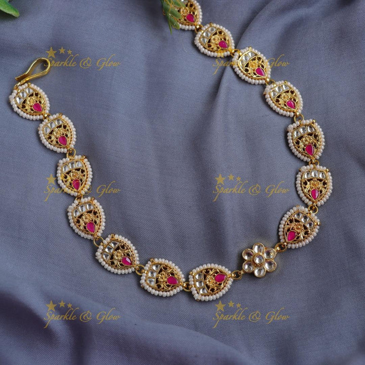 Sparkling Jadau Teardrop Kundan & Pink Meenakari Sheeshphool with Pearl Edging - Sparkle and Glow