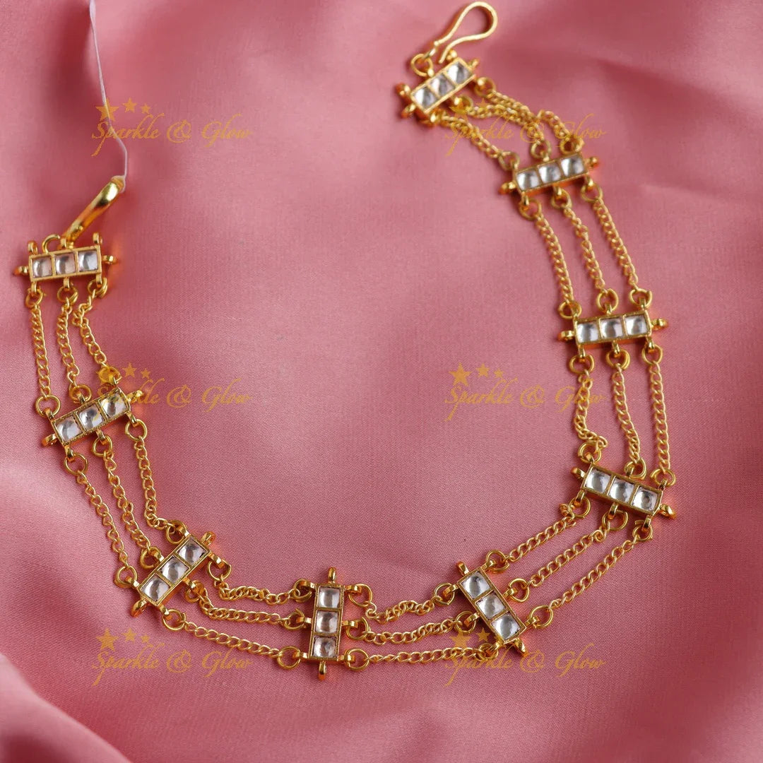 Stunning Jadau Minimal Kundan Chain Sheeshphool with Triple-Layer Gold Chains - Sparkle and Glow
