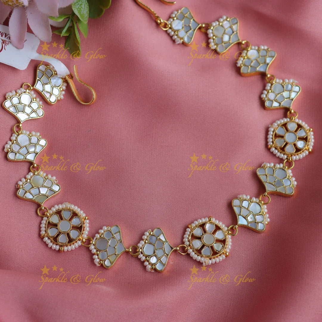 Elegant Jadau White Mirror Fan Motif Sheeshphool with Floral Centers & Pearl Border - Sparkle and Glow
